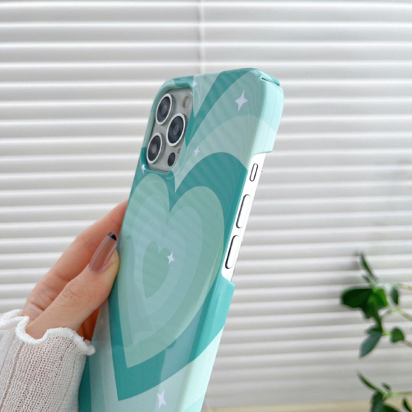 Uniqkart for iPhone 12 Pro Max 6.7 inch Hard PC Phone Case Pattern Printing Protective Glossy Phone Shell - Mint Green Heart