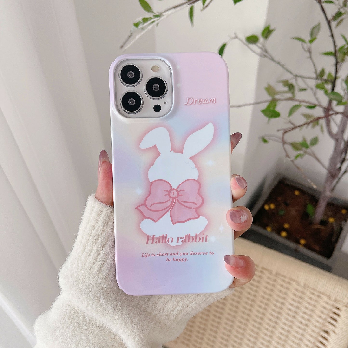 Hard PC Phone Cover for iPhone 12 Pro 6.1 inch Pattern Printing Anti-Drop Glossy Phone Case - Bowknot Rabbit
