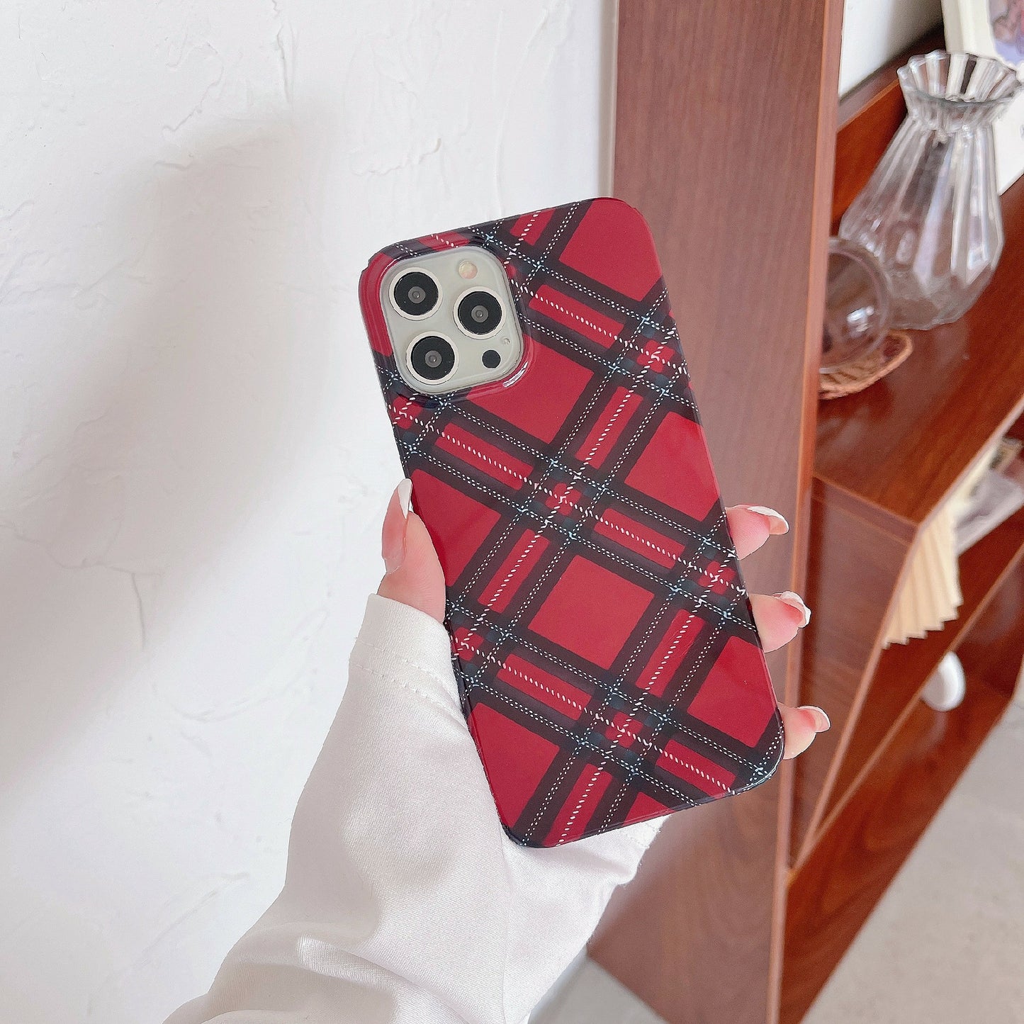 Hard PC Phone Cover for iPhone 12 Pro 6.1 inch Pattern Printing Anti-Drop Glossy Phone Case - Red Grids