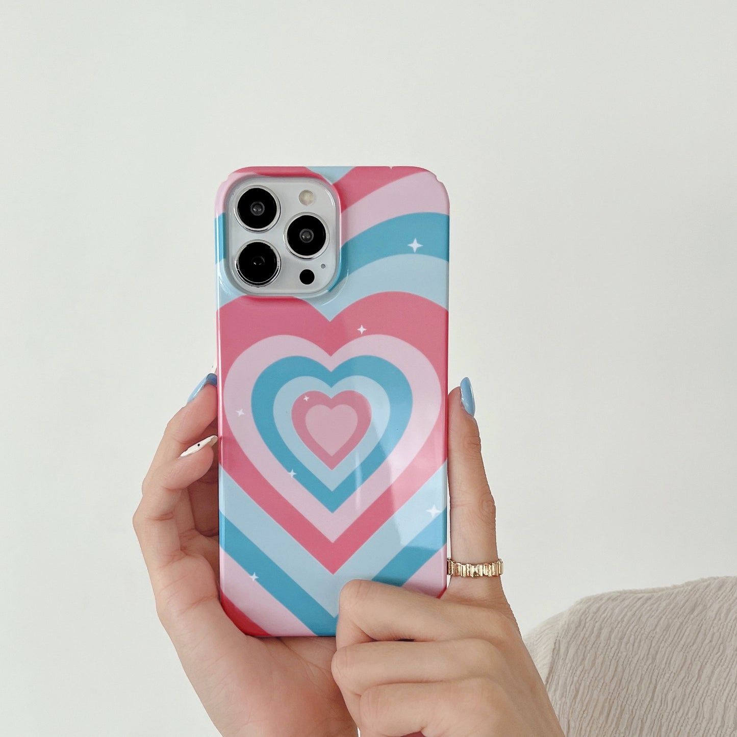 Hard PC Phone Cover for iPhone 12 Pro 6.1 inch Pattern Printing Anti-Drop Glossy Phone Case - Pink Blue Heart