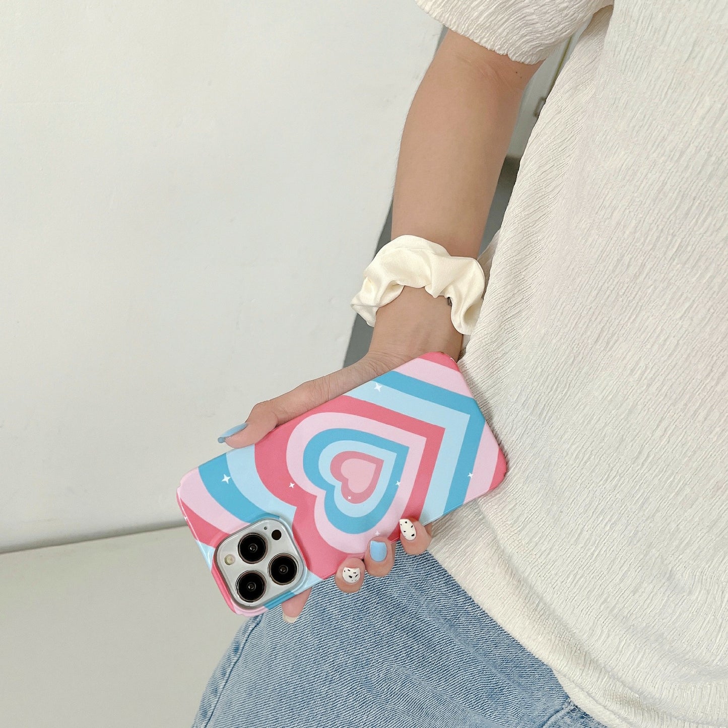 Hard PC Phone Cover for iPhone 12 Pro 6.1 inch Pattern Printing Anti-Drop Glossy Phone Case - Pink Blue Heart