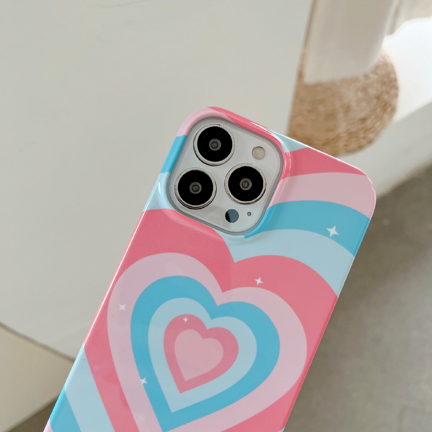 Hard PC Phone Cover for iPhone 12 Pro 6.1 inch Pattern Printing Anti-Drop Glossy Phone Case - Pink Blue Heart