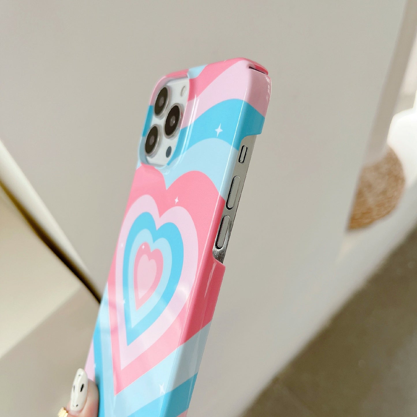 Hard PC Phone Cover for iPhone 12 Pro 6.1 inch Pattern Printing Anti-Drop Glossy Phone Case - Pink Blue Heart
