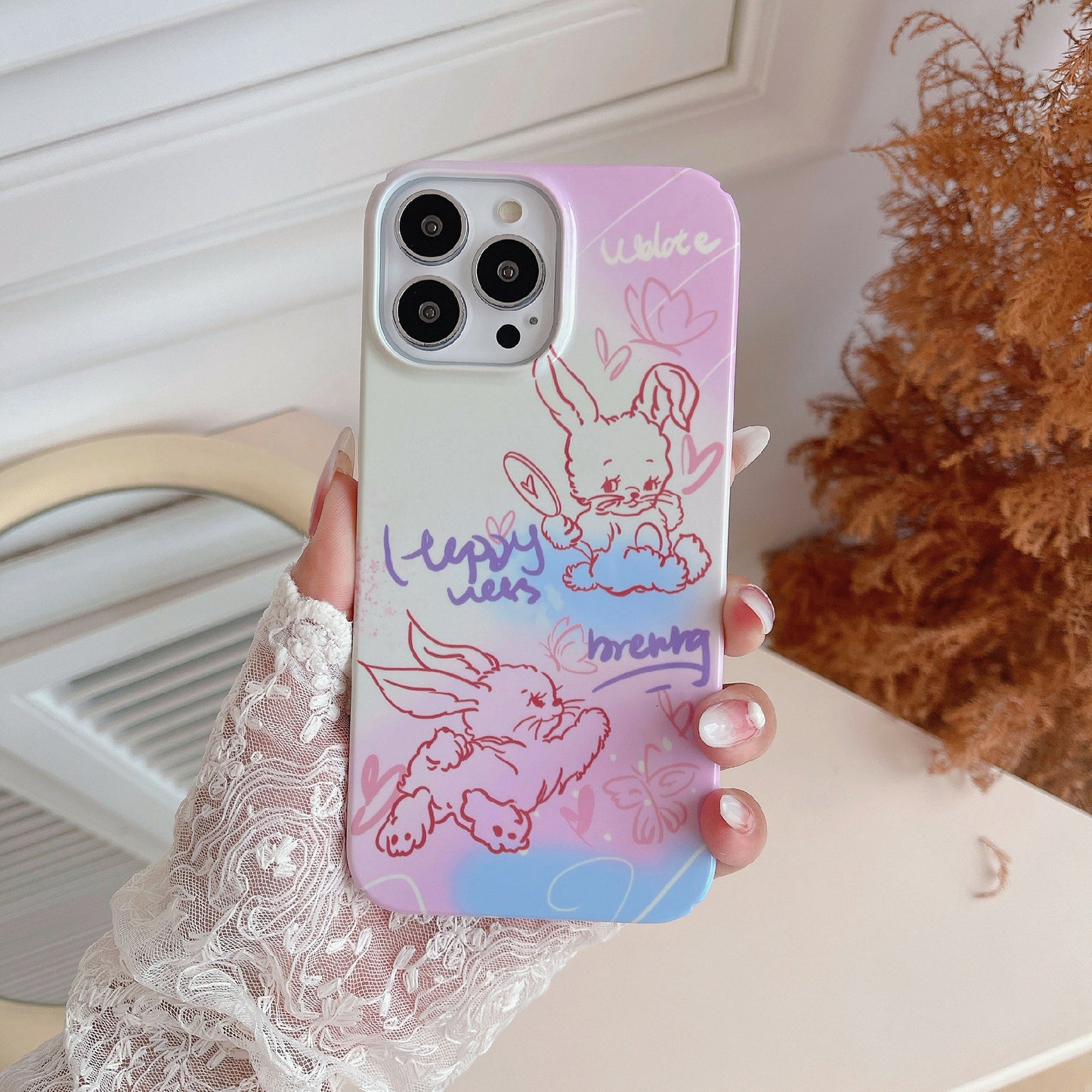 Hard PC Phone Cover for iPhone 12 Pro 6.1 inch Pattern Printing Anti-Drop Glossy Phone Case - Line Rabbit