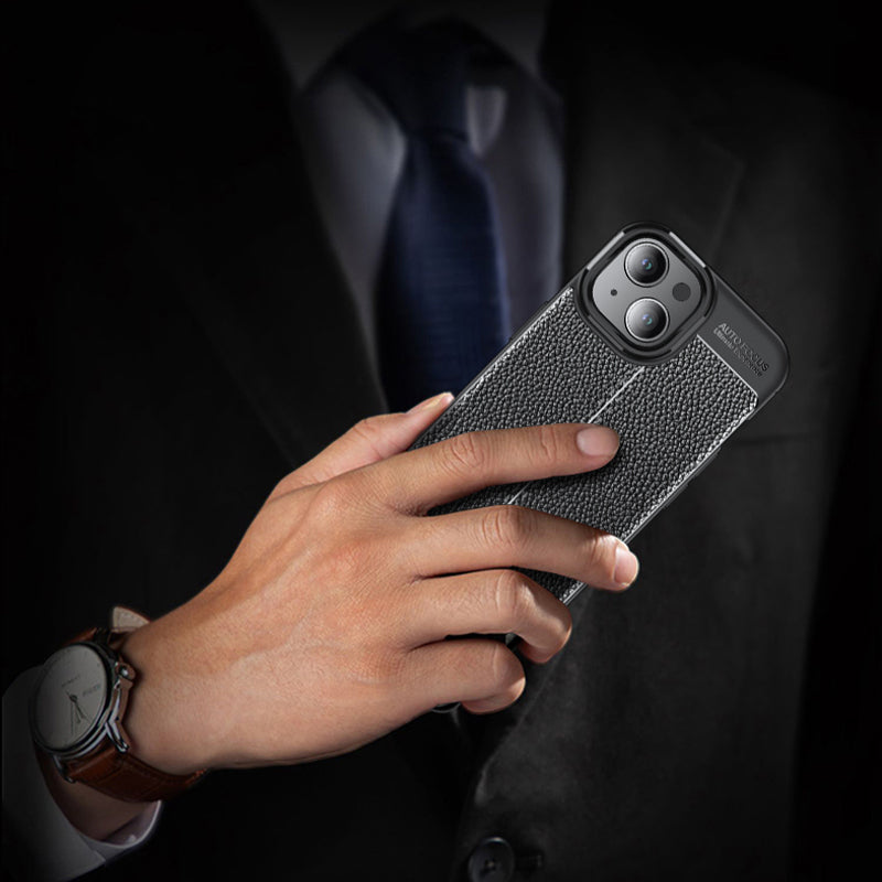 Uniqkart for iPhone 15 Shockproof Back Cover Litchi Texture TPU Phone Case - Black