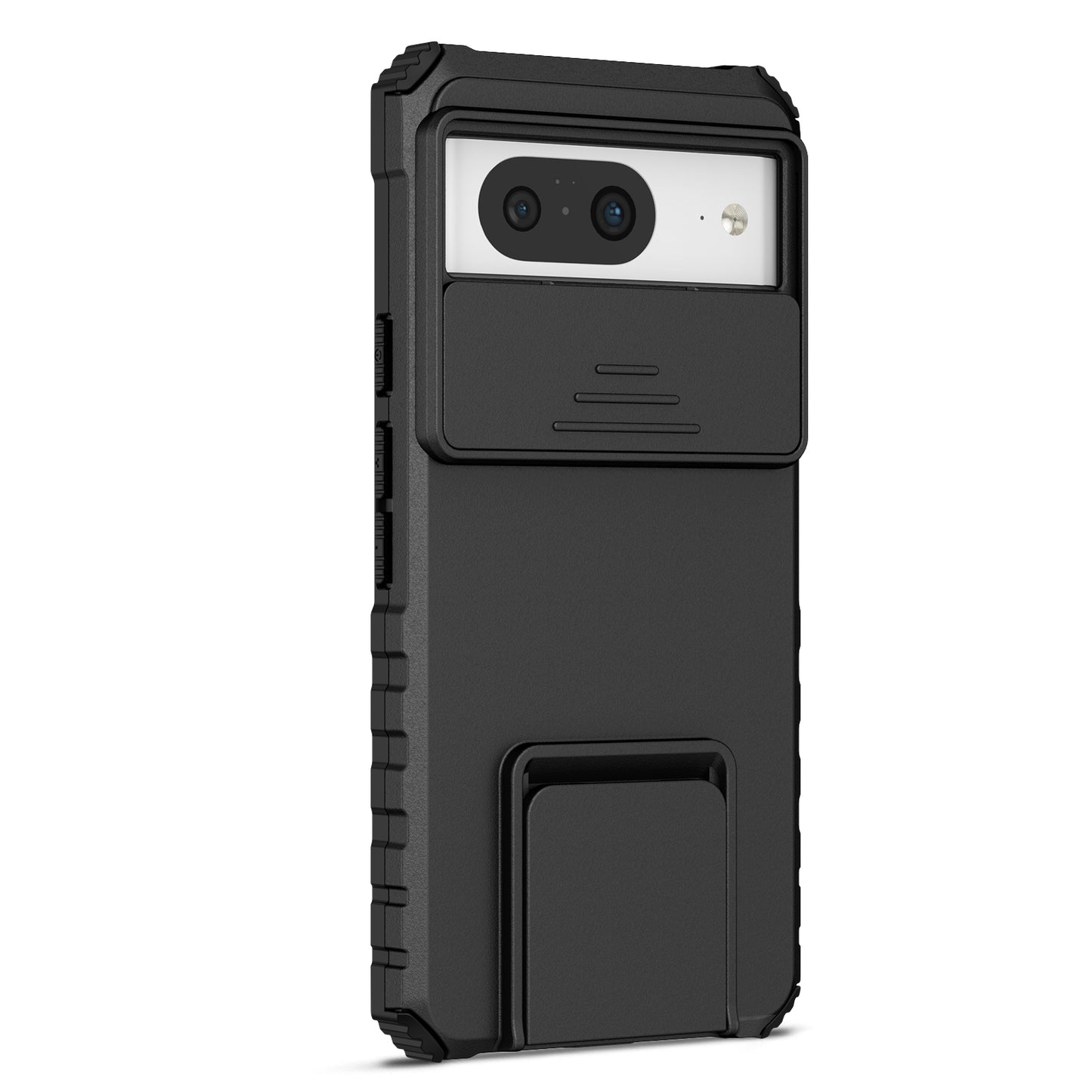 Kickstand Case for Google Pixel 8 PC + TPU Anti-drop Phone Protector with Slide Camera Cover - Black