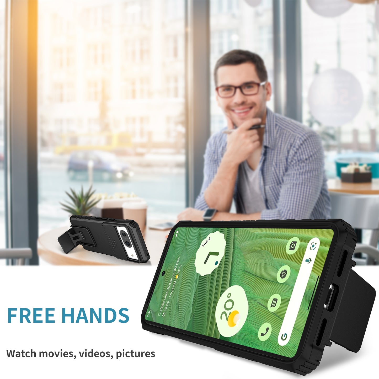 Kickstand Case for Google Pixel 8 PC + TPU Anti-drop Phone Protector with Slide Camera Cover - Black