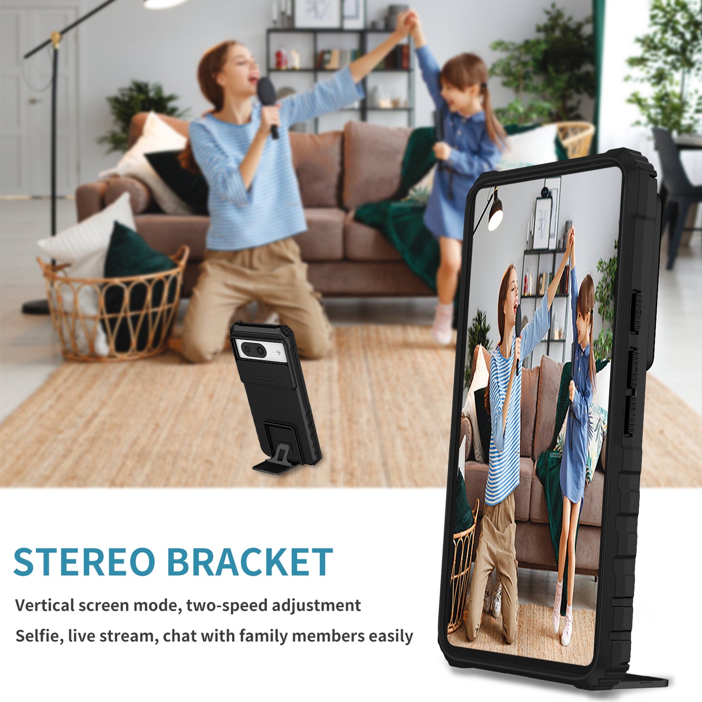 Kickstand Case for Google Pixel 8 PC + TPU Anti-drop Phone Protector with Slide Camera Cover - Black