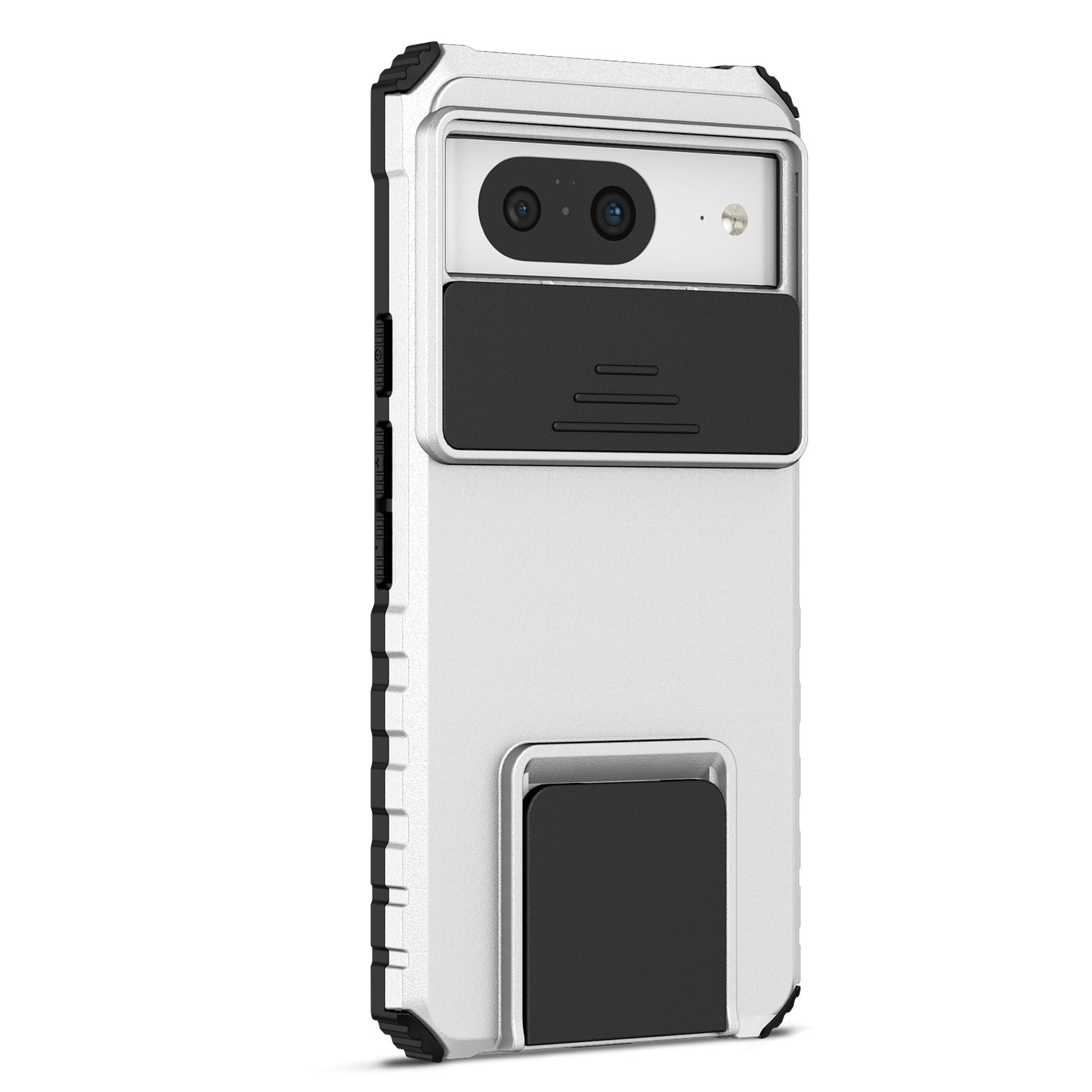 Kickstand Case for Google Pixel 8 PC + TPU Anti-drop Phone Protector with Slide Camera Cover - Silver