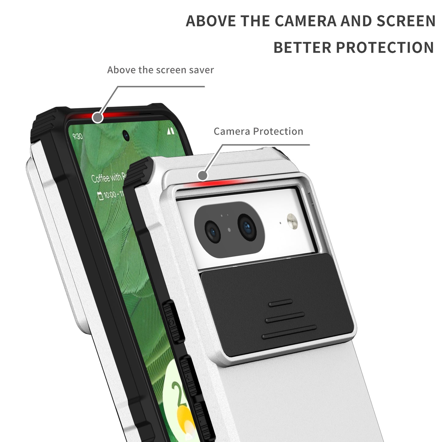 Kickstand Case for Google Pixel 8 PC + TPU Anti-drop Phone Protector with Slide Camera Cover - Silver