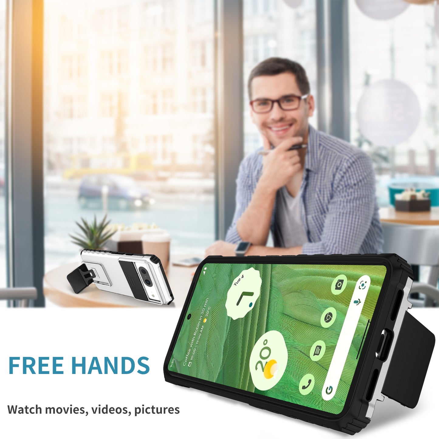 Kickstand Case for Google Pixel 8 PC + TPU Anti-drop Phone Protector with Slide Camera Cover - Silver