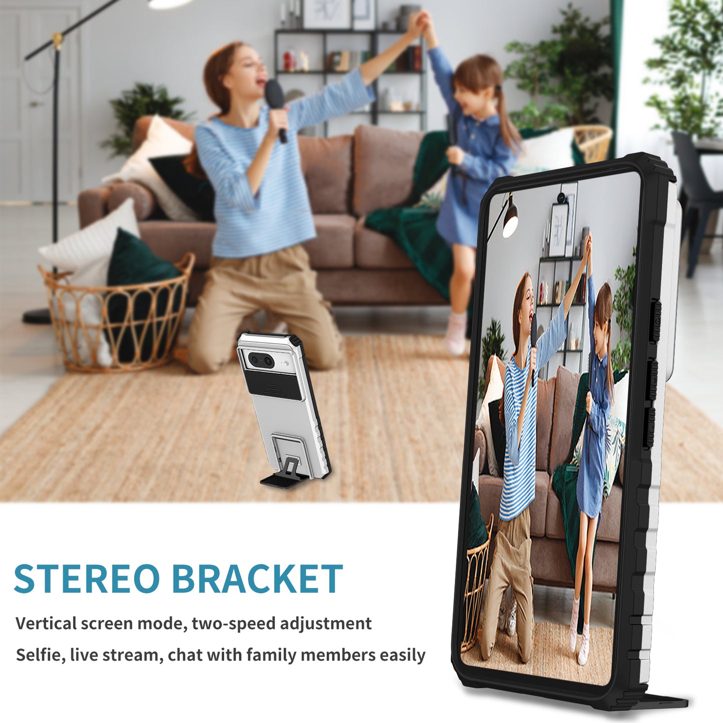 Kickstand Case for Google Pixel 8 PC + TPU Anti-drop Phone Protector with Slide Camera Cover - Silver