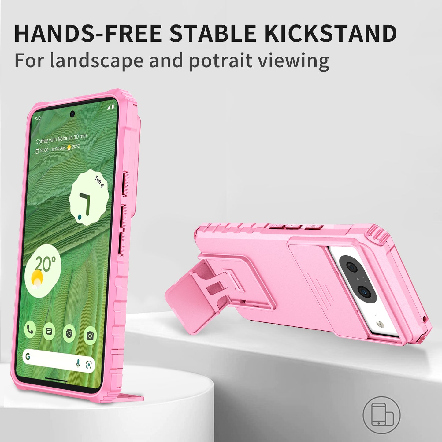 Kickstand Case for Google Pixel 8 PC + TPU Anti-drop Phone Protector with Slide Camera Cover - Pink