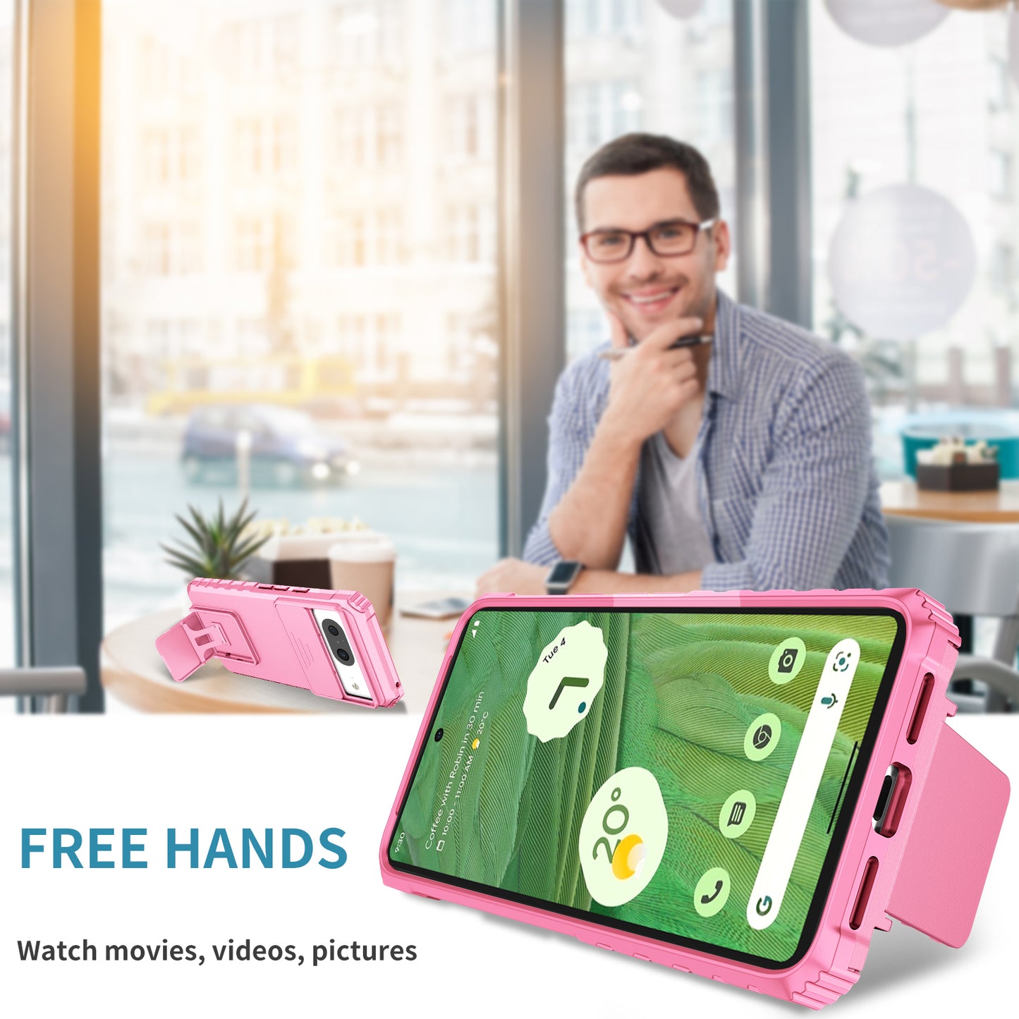 Kickstand Case for Google Pixel 8 PC + TPU Anti-drop Phone Protector with Slide Camera Cover - Pink