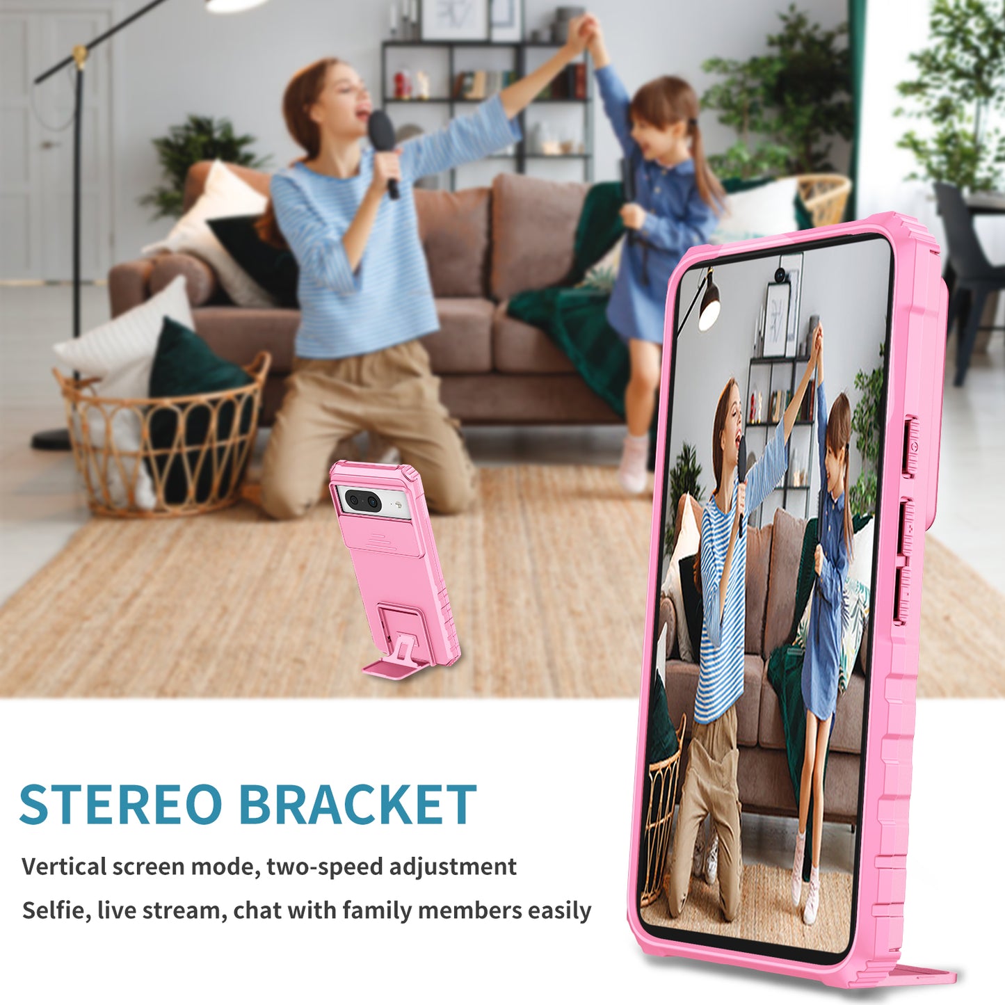 Kickstand Case for Google Pixel 8 PC + TPU Anti-drop Phone Protector with Slide Camera Cover - Pink