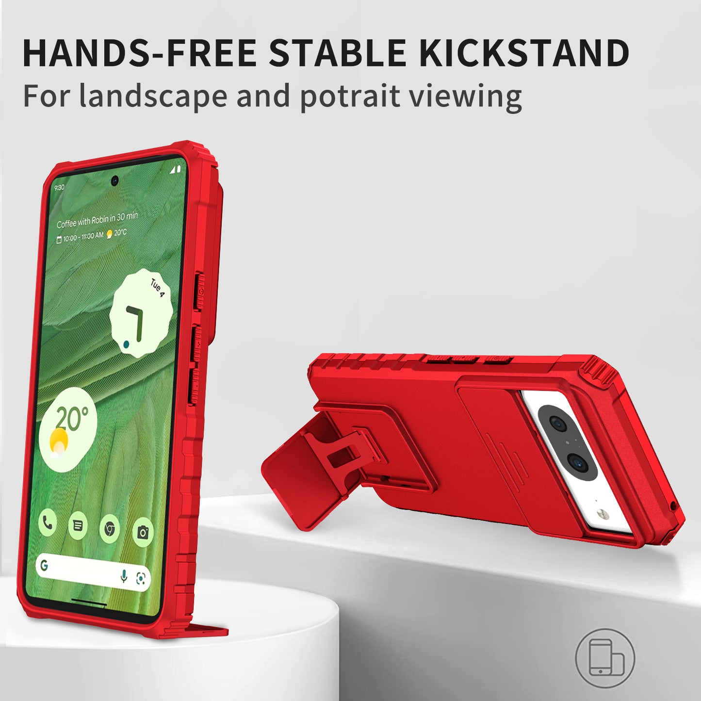 Kickstand Case for Google Pixel 8 PC + TPU Anti-drop Phone Protector with Slide Camera Cover - Red