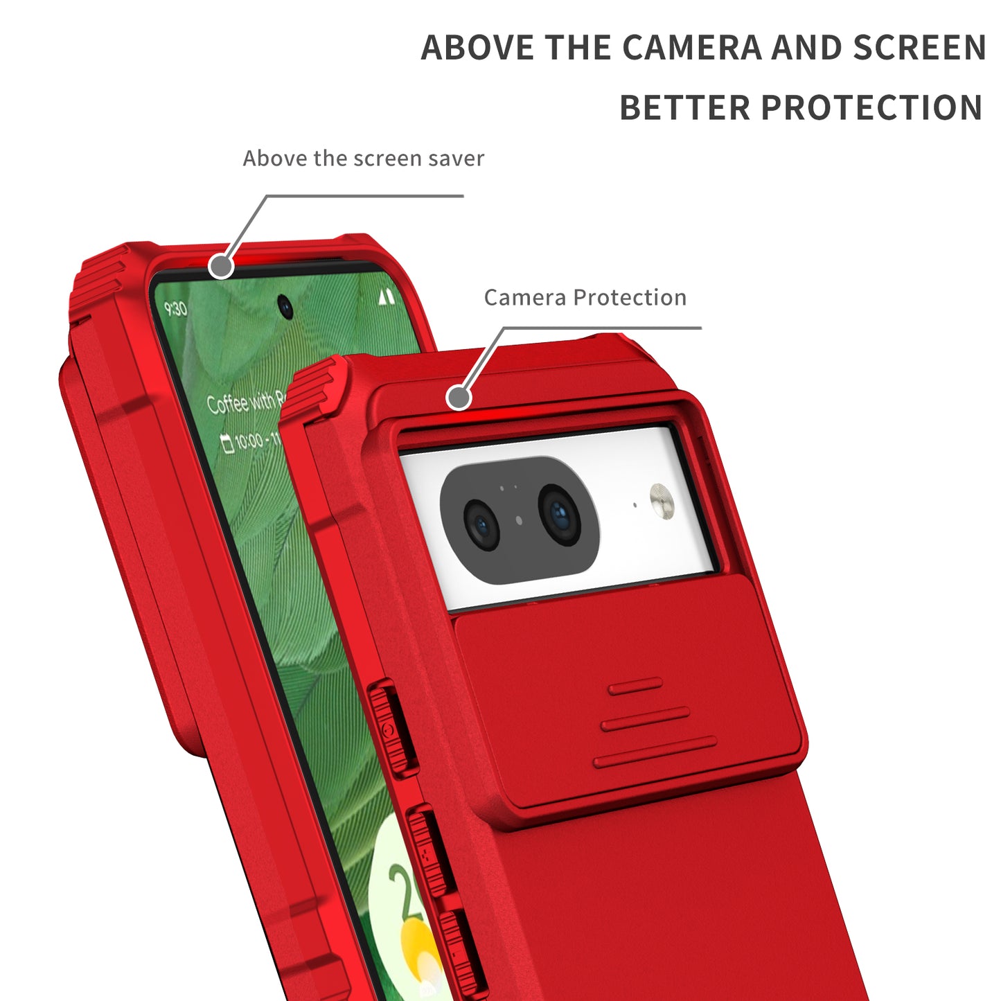 Kickstand Case for Google Pixel 8 PC + TPU Anti-drop Phone Protector with Slide Camera Cover - Red