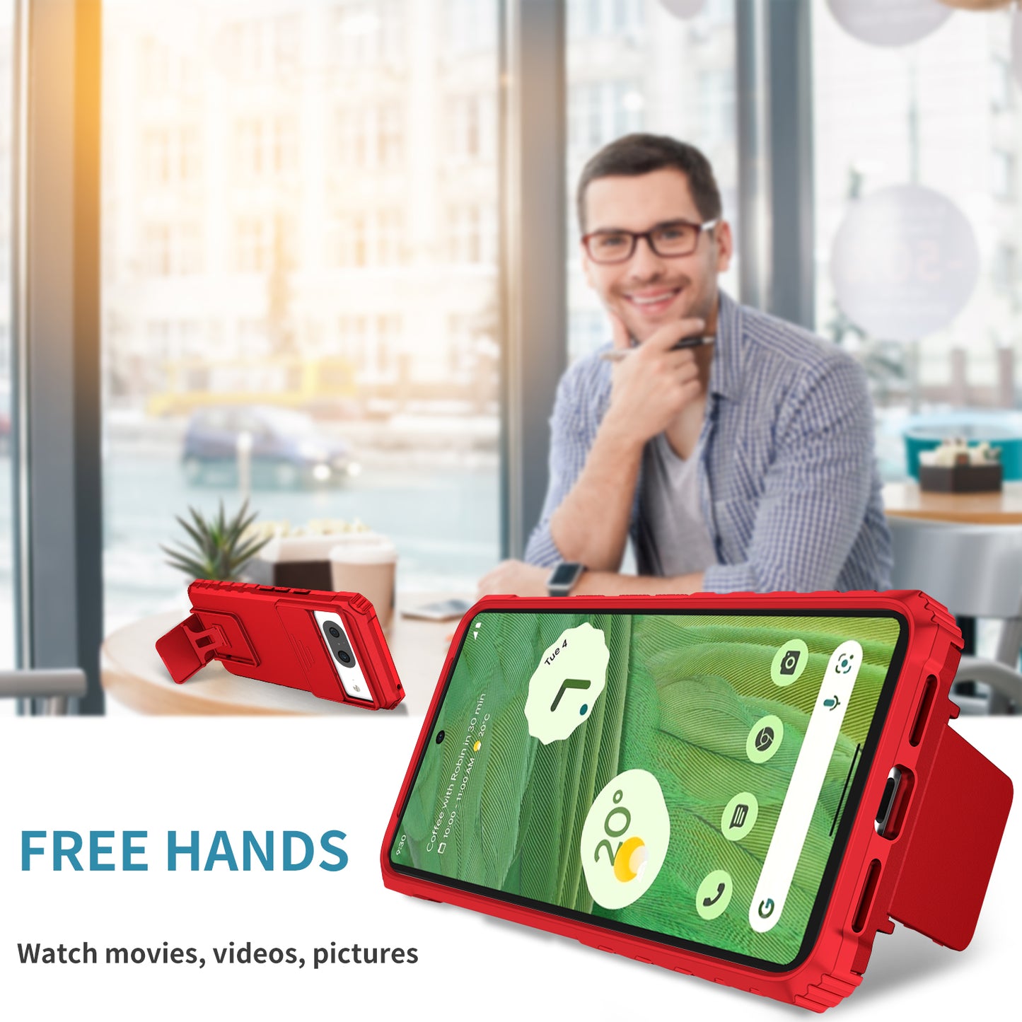 Kickstand Case for Google Pixel 8 PC + TPU Anti-drop Phone Protector with Slide Camera Cover - Red