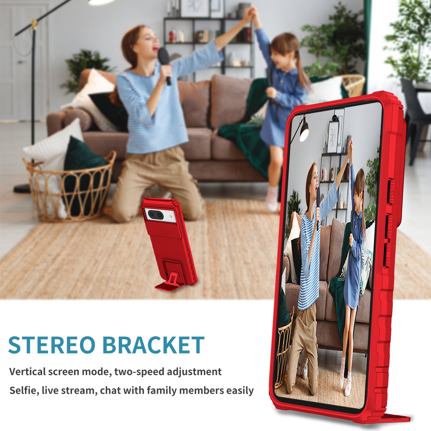 Kickstand Case for Google Pixel 8 PC + TPU Anti-drop Phone Protector with Slide Camera Cover - Red