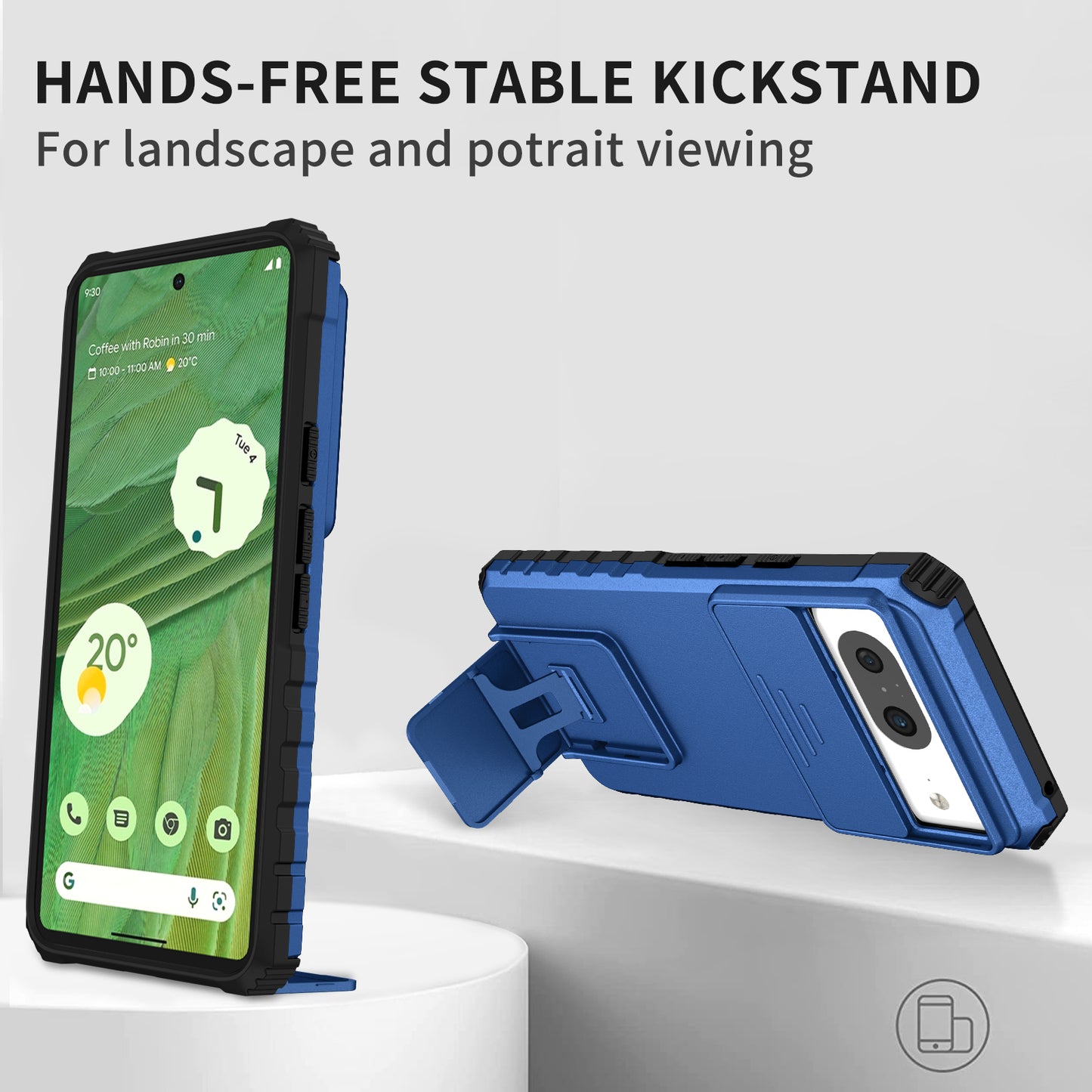 Kickstand Case for Google Pixel 8 PC + TPU Anti-drop Phone Protector with Slide Camera Cover - Blue