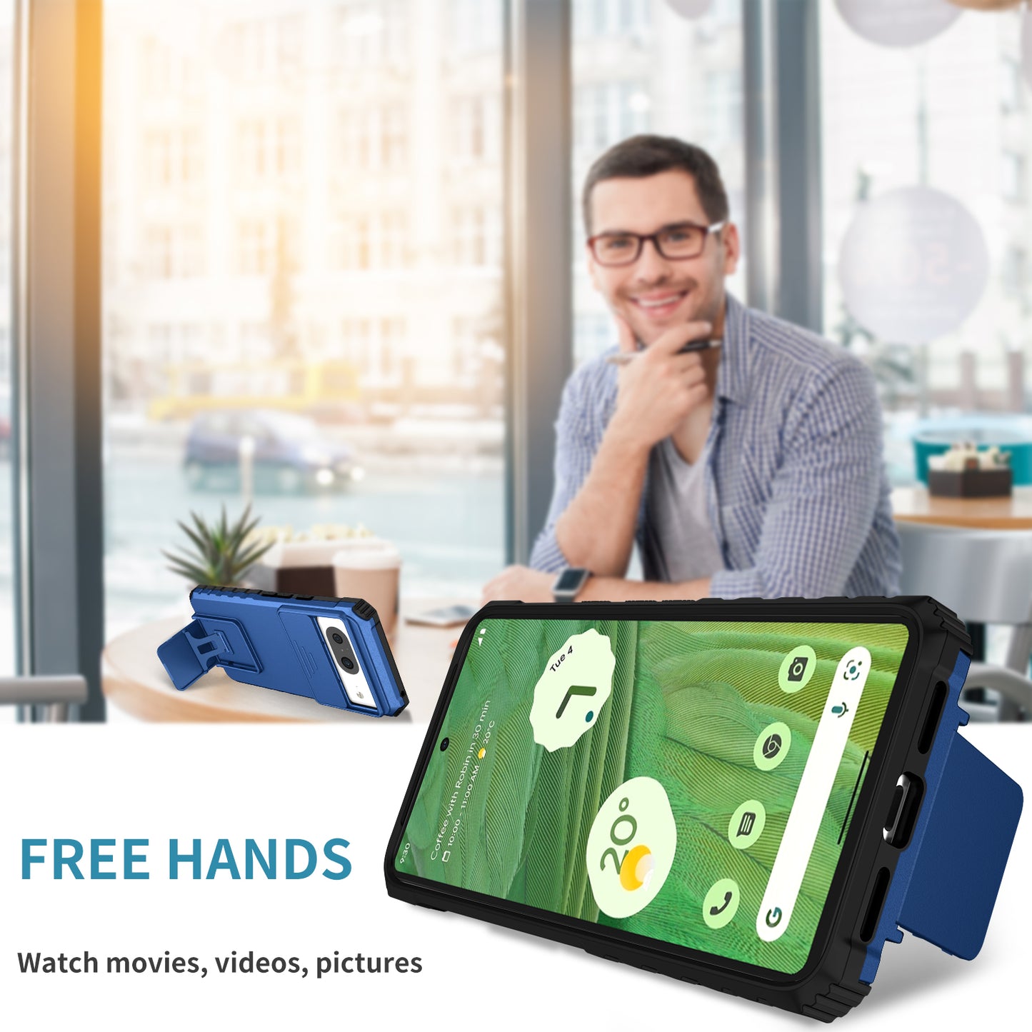 Kickstand Case for Google Pixel 8 PC + TPU Anti-drop Phone Protector with Slide Camera Cover - Blue