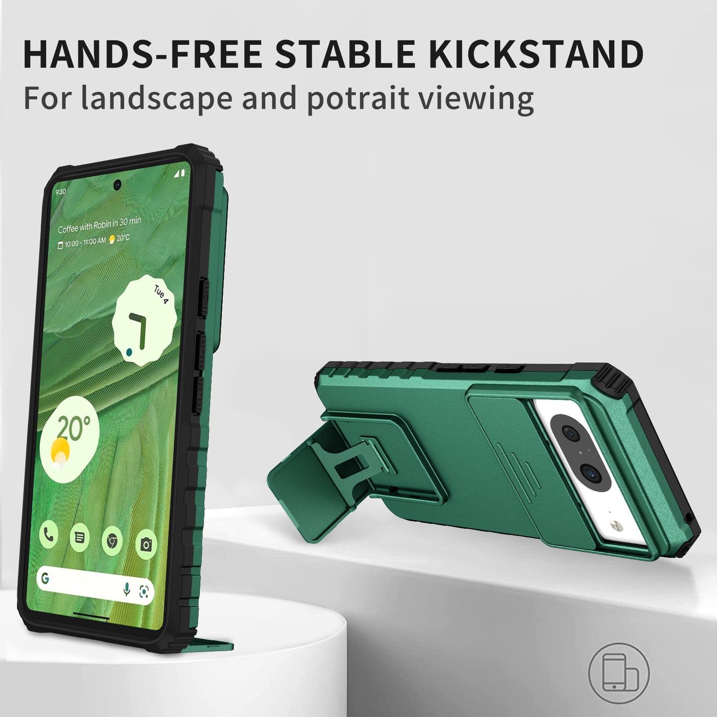 Kickstand Case for Google Pixel 8 PC + TPU Anti-drop Phone Protector with Slide Camera Cover - Blackish Green