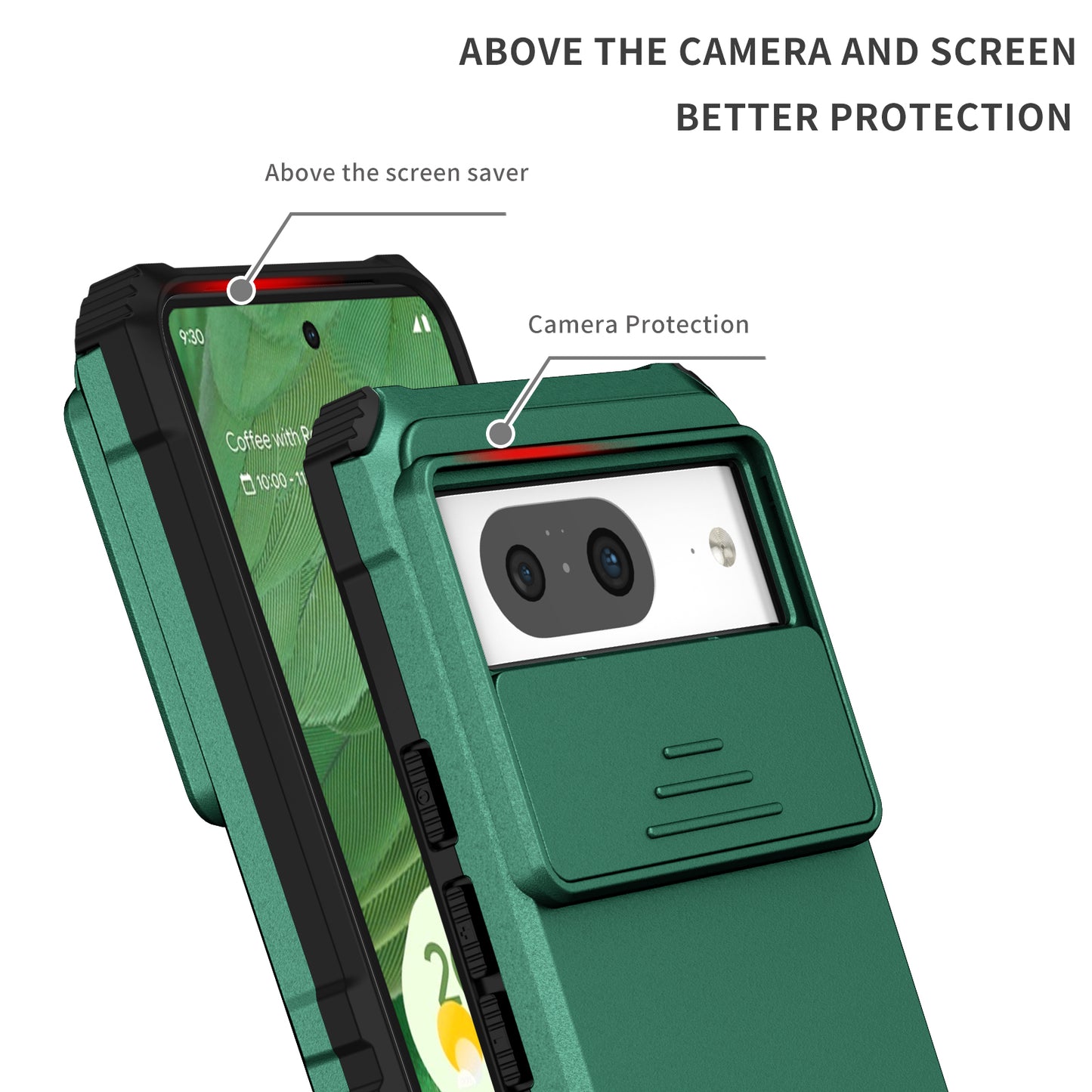 Kickstand Case for Google Pixel 8 PC + TPU Anti-drop Phone Protector with Slide Camera Cover - Blackish Green