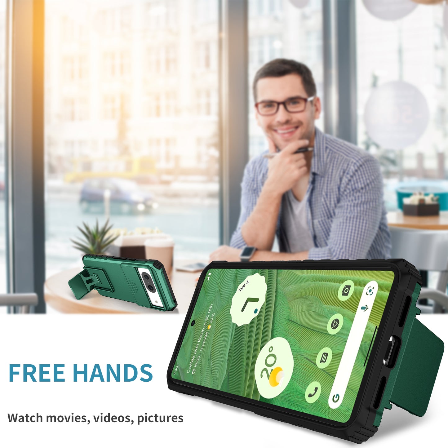 Kickstand Case for Google Pixel 8 PC + TPU Anti-drop Phone Protector with Slide Camera Cover - Blackish Green