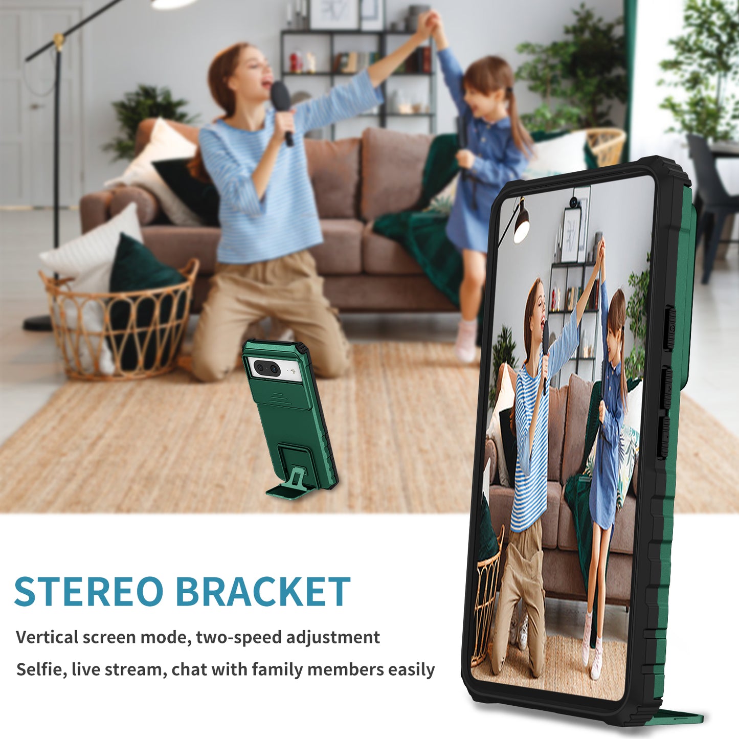 Kickstand Case for Google Pixel 8 PC + TPU Anti-drop Phone Protector with Slide Camera Cover - Blackish Green