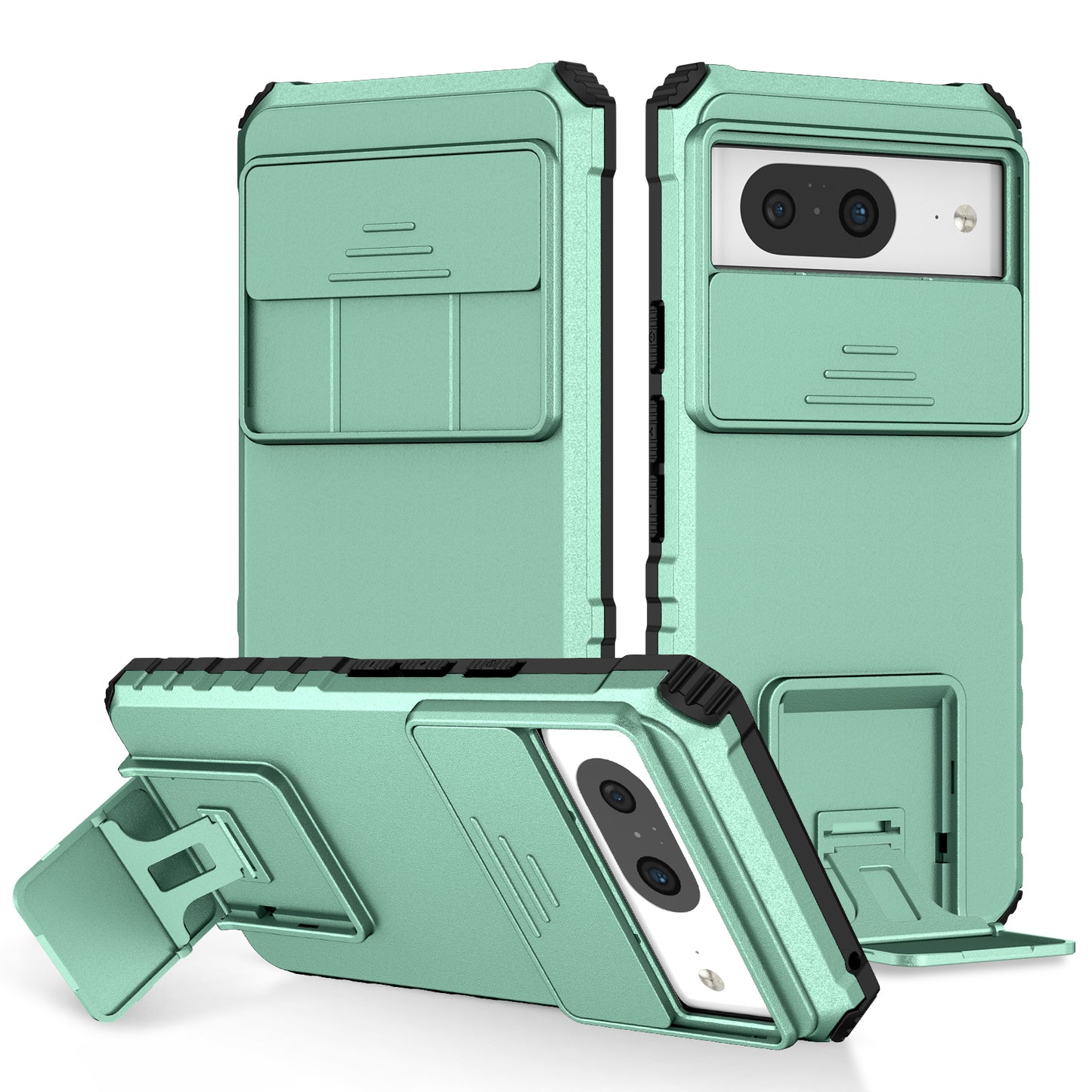 Kickstand Case for Google Pixel 8 PC + TPU Anti-drop Phone Protector with Slide Camera Cover - Baby Blue