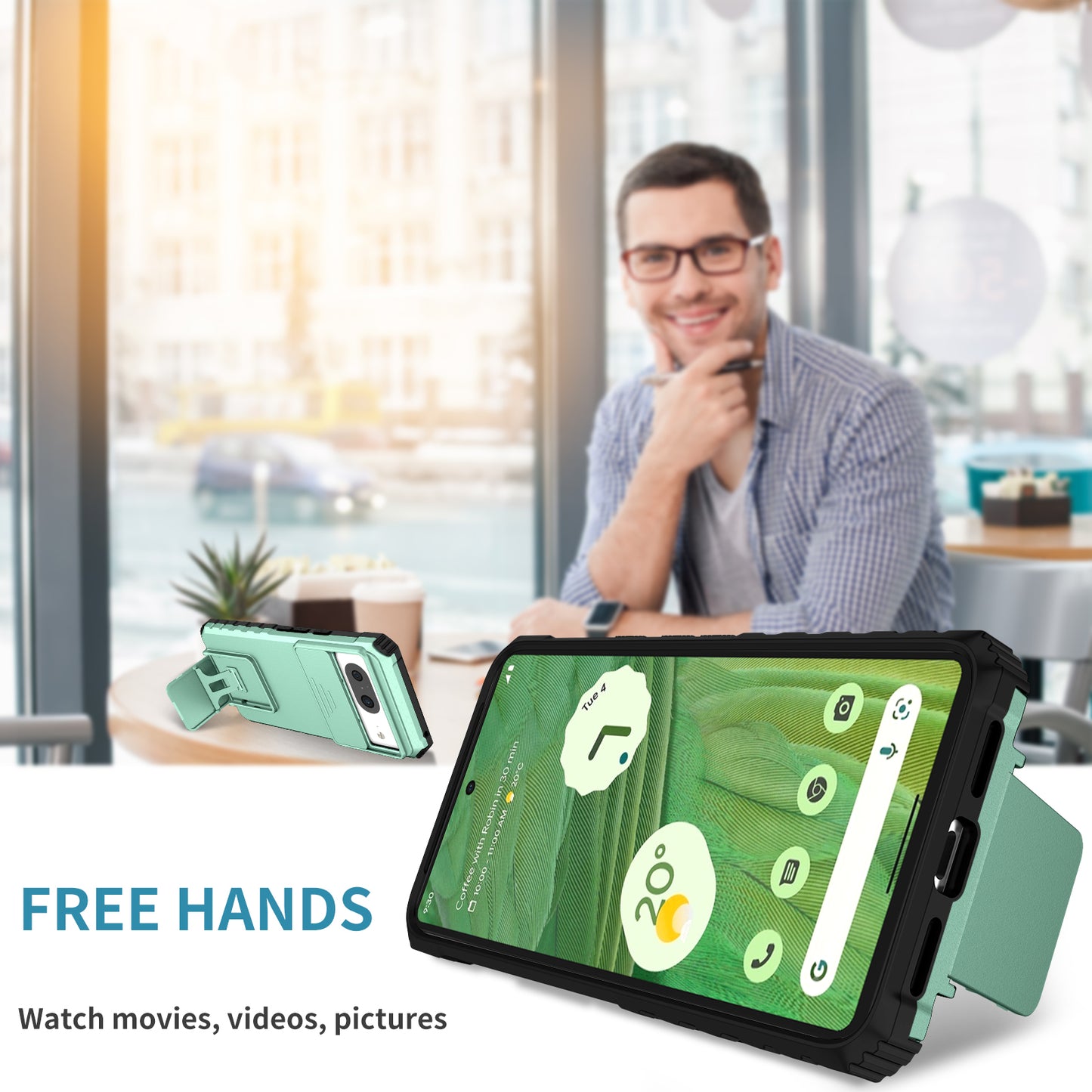 Kickstand Case for Google Pixel 8 PC + TPU Anti-drop Phone Protector with Slide Camera Cover - Baby Blue