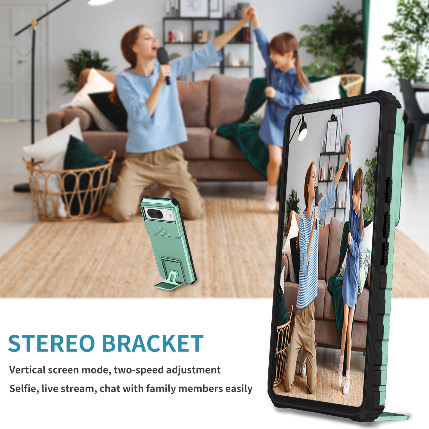 Kickstand Case for Google Pixel 8 PC + TPU Anti-drop Phone Protector with Slide Camera Cover - Baby Blue