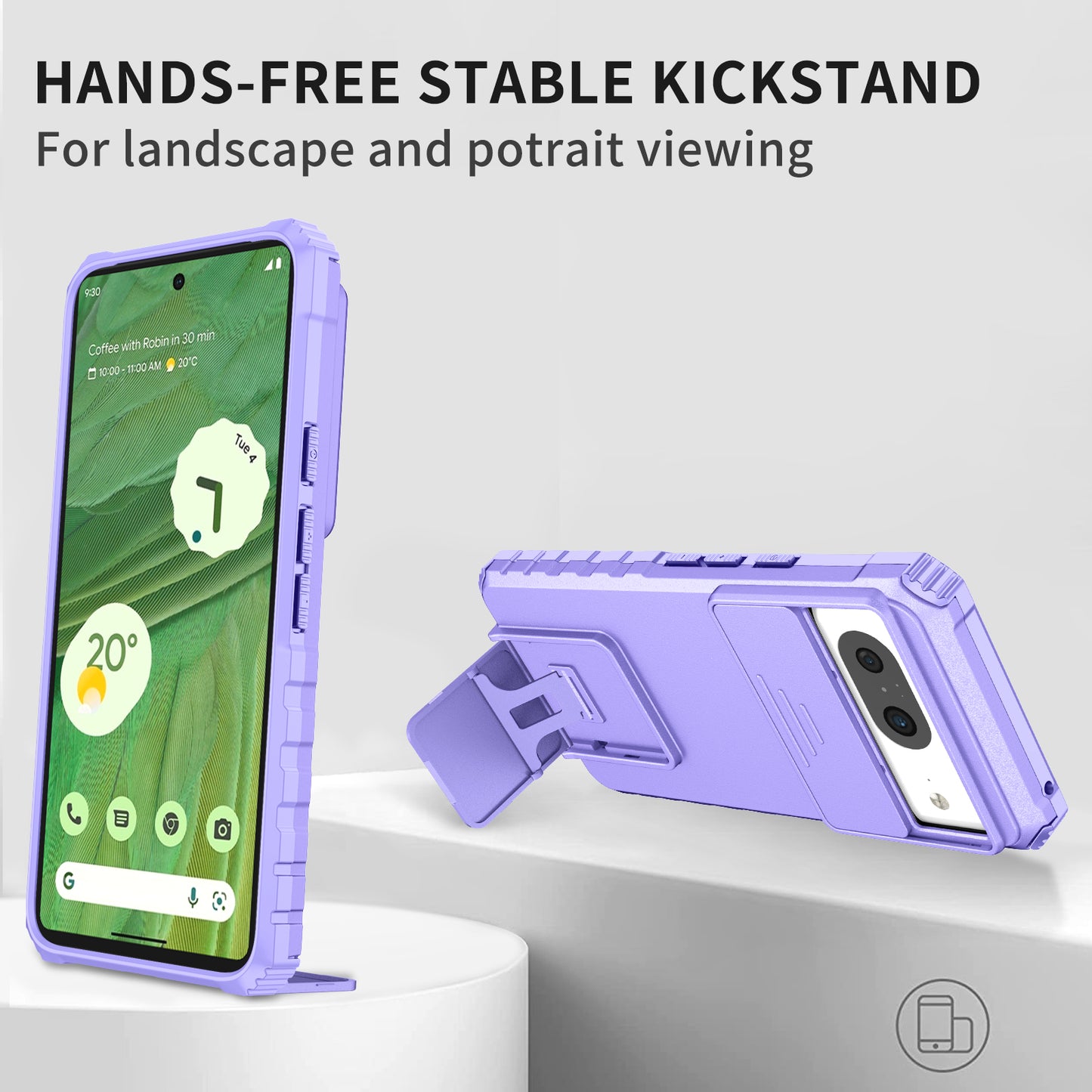 Kickstand Case for Google Pixel 8 PC + TPU Anti-drop Phone Protector with Slide Camera Cover - Purple