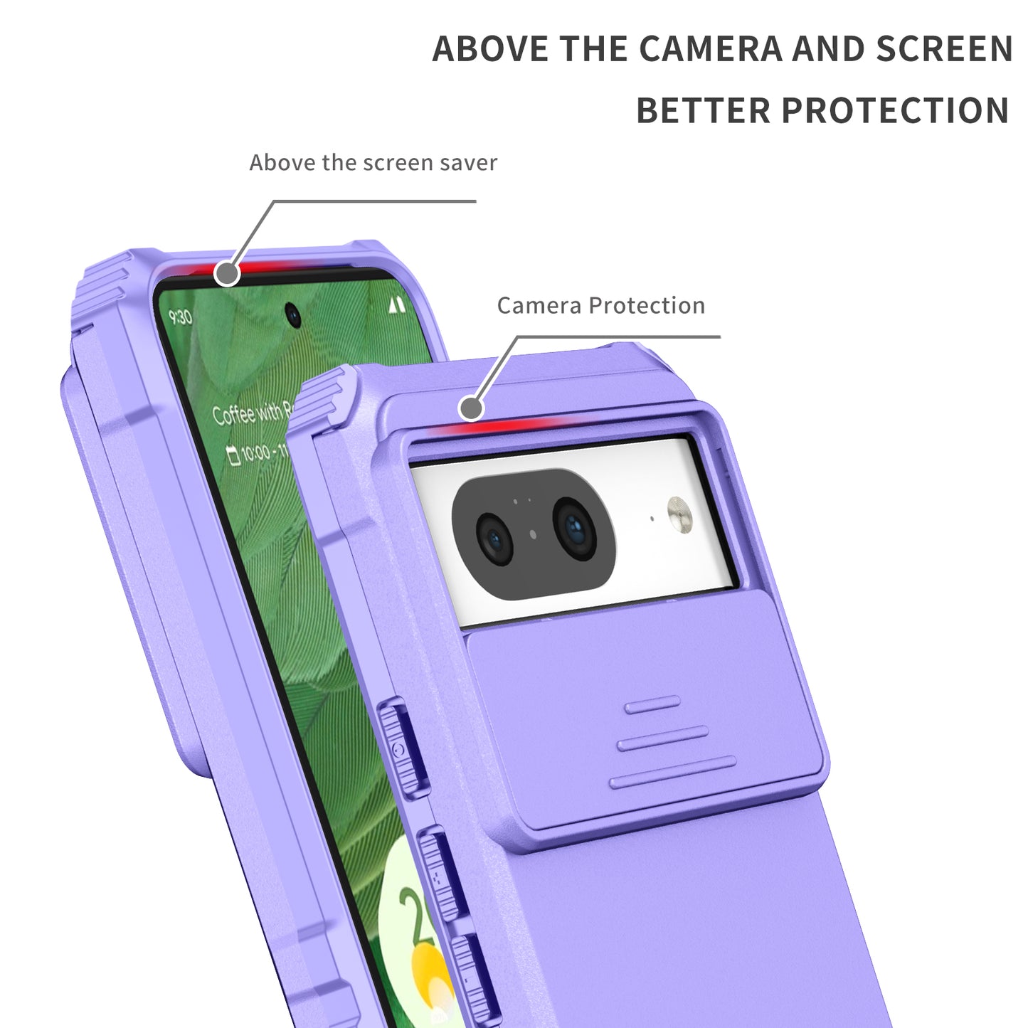 Kickstand Case for Google Pixel 8 PC + TPU Anti-drop Phone Protector with Slide Camera Cover - Purple