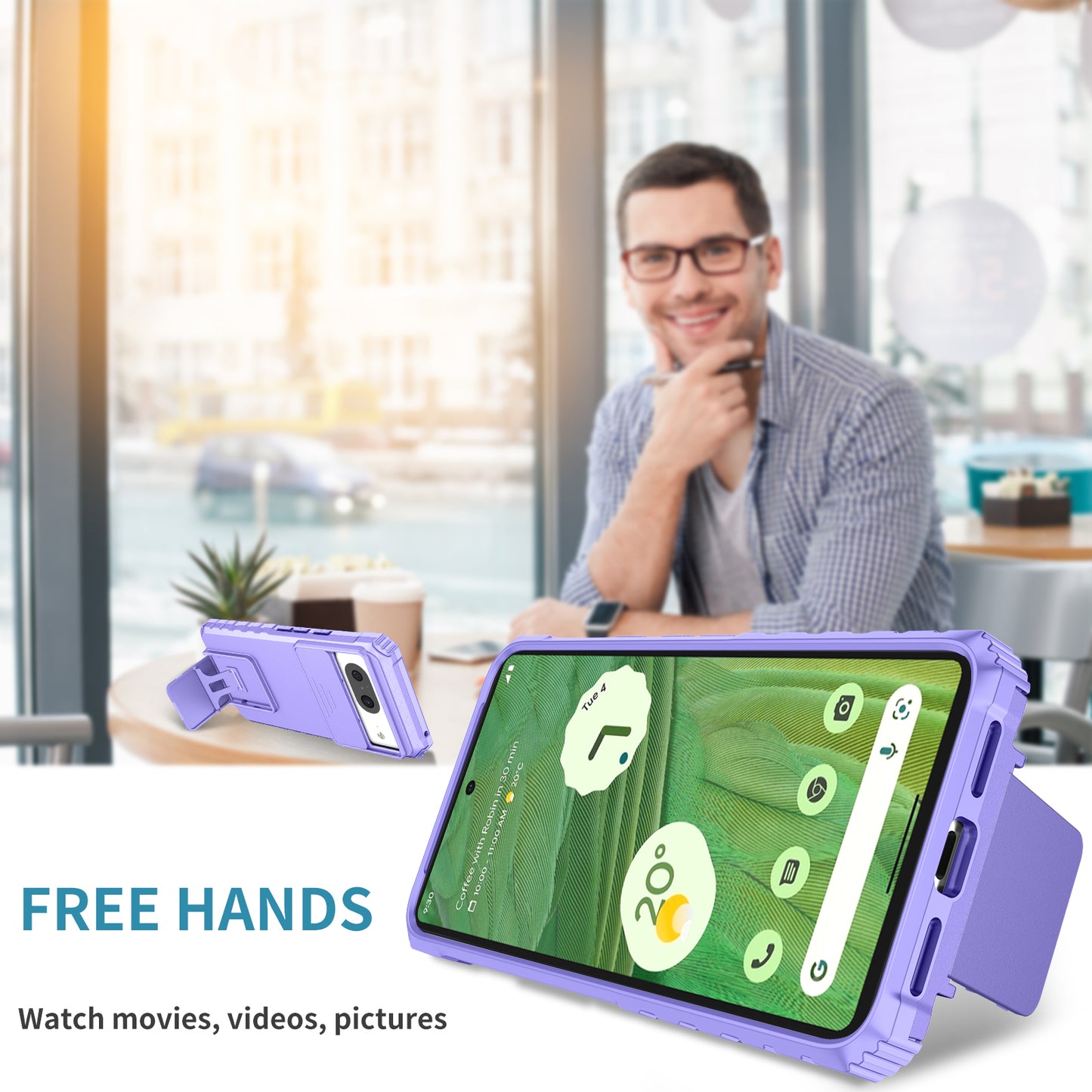 Kickstand Case for Google Pixel 8 PC + TPU Anti-drop Phone Protector with Slide Camera Cover - Purple