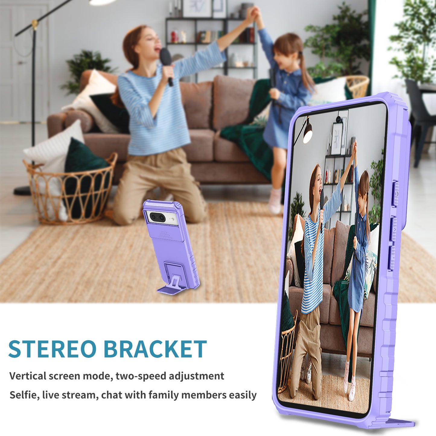 Kickstand Case for Google Pixel 8 PC + TPU Anti-drop Phone Protector with Slide Camera Cover - Purple