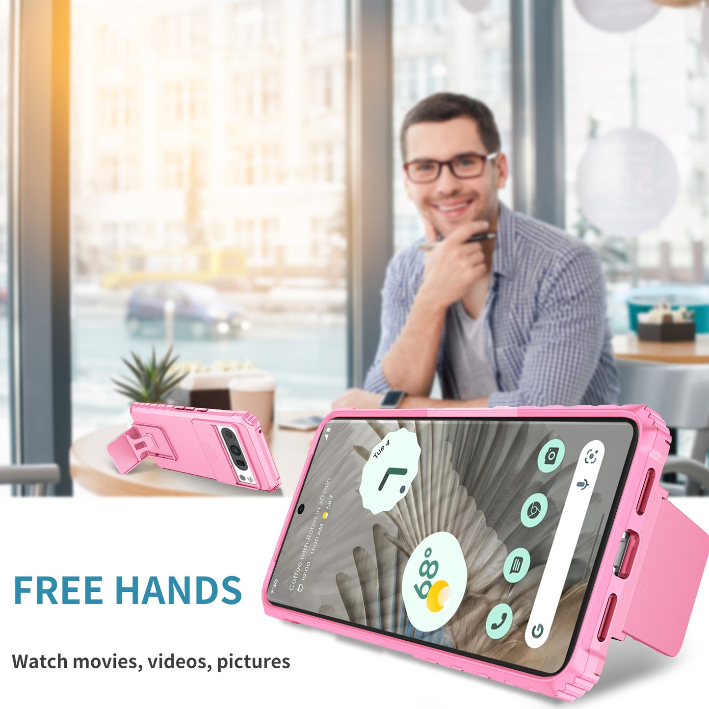 Uniqkart for Google Pixel 8 Pro PC + TPU Phone Protector with Slide Camera Cover Kickstand Case - Pink