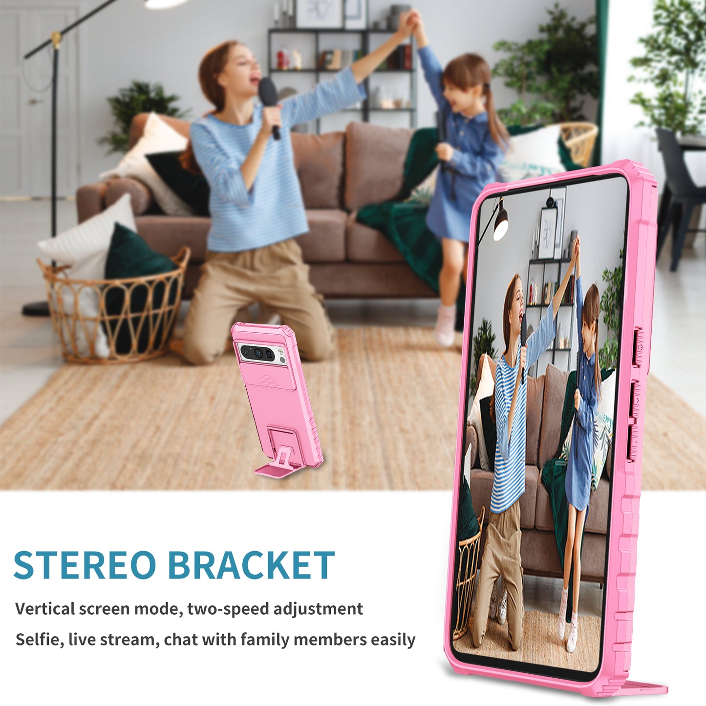 Uniqkart for Google Pixel 8 Pro PC + TPU Phone Protector with Slide Camera Cover Kickstand Case - Pink