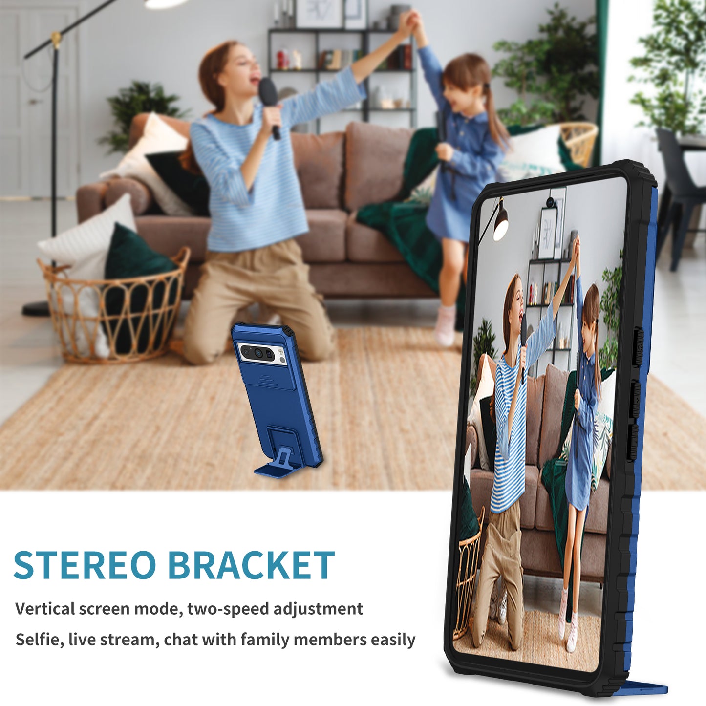 Uniqkart for Google Pixel 8 Pro PC + TPU Phone Protector with Slide Camera Cover Kickstand Case - Blue