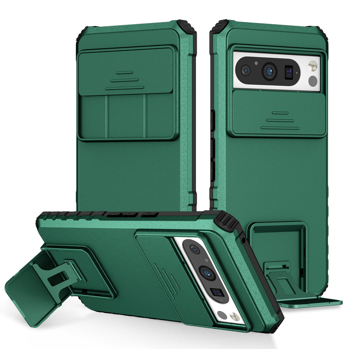 Uniqkart for Google Pixel 8 Pro PC + TPU Phone Protector with Slide Camera Cover Kickstand Case - Blackish Green