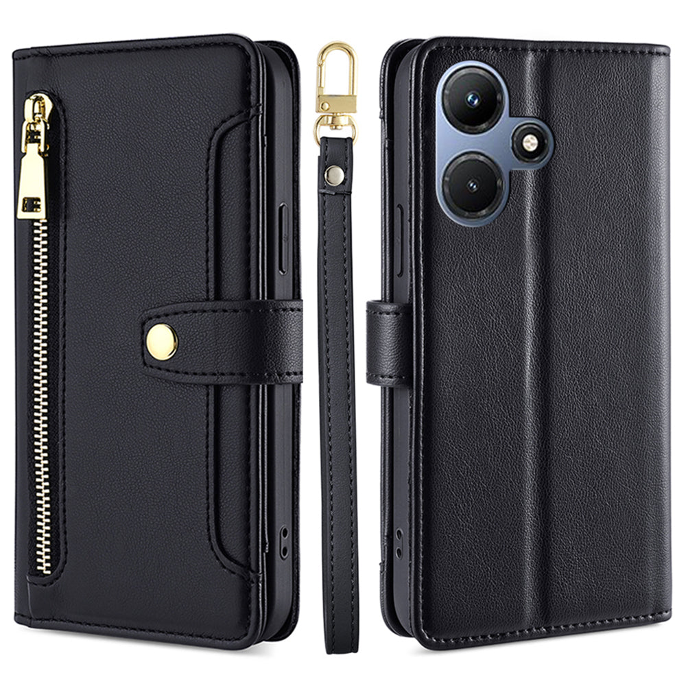 Uniqkart for Infinix Hot 30i Wallet Case Zipper Pocket Flip Stand PU Leather Phone Cover with Shoulder Strap and Wrist Strap - Black