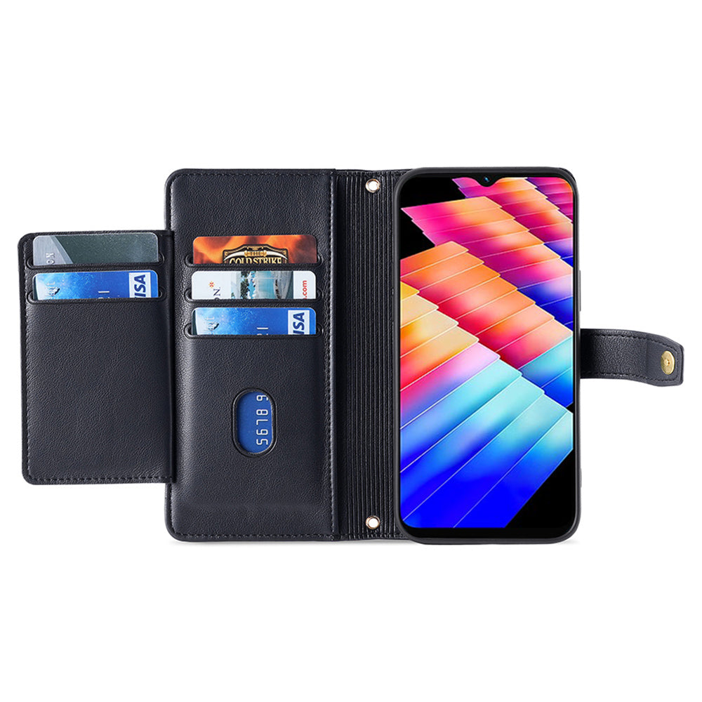Uniqkart for Infinix Hot 30i Wallet Case Zipper Pocket Flip Stand PU Leather Phone Cover with Shoulder Strap and Wrist Strap - Black