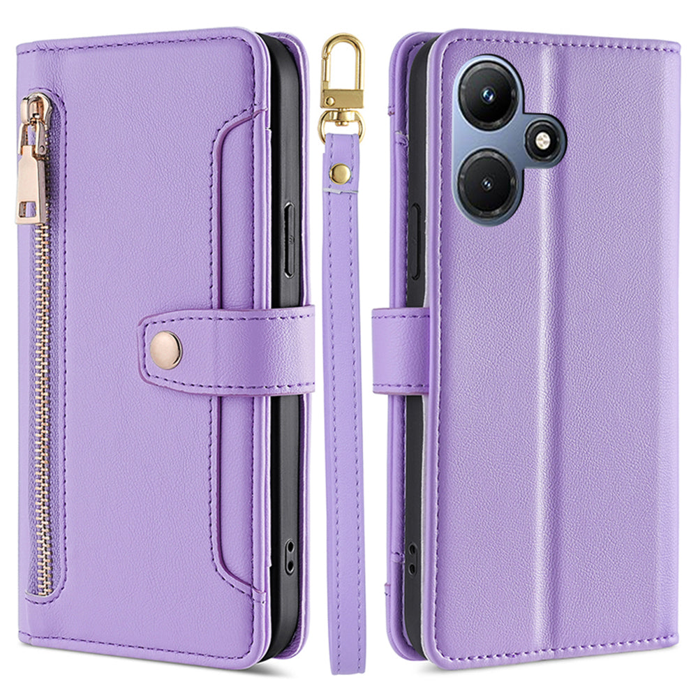 Uniqkart for Infinix Hot 30i Wallet Case Zipper Pocket Flip Stand PU Leather Phone Cover with Shoulder Strap and Wrist Strap - Purple