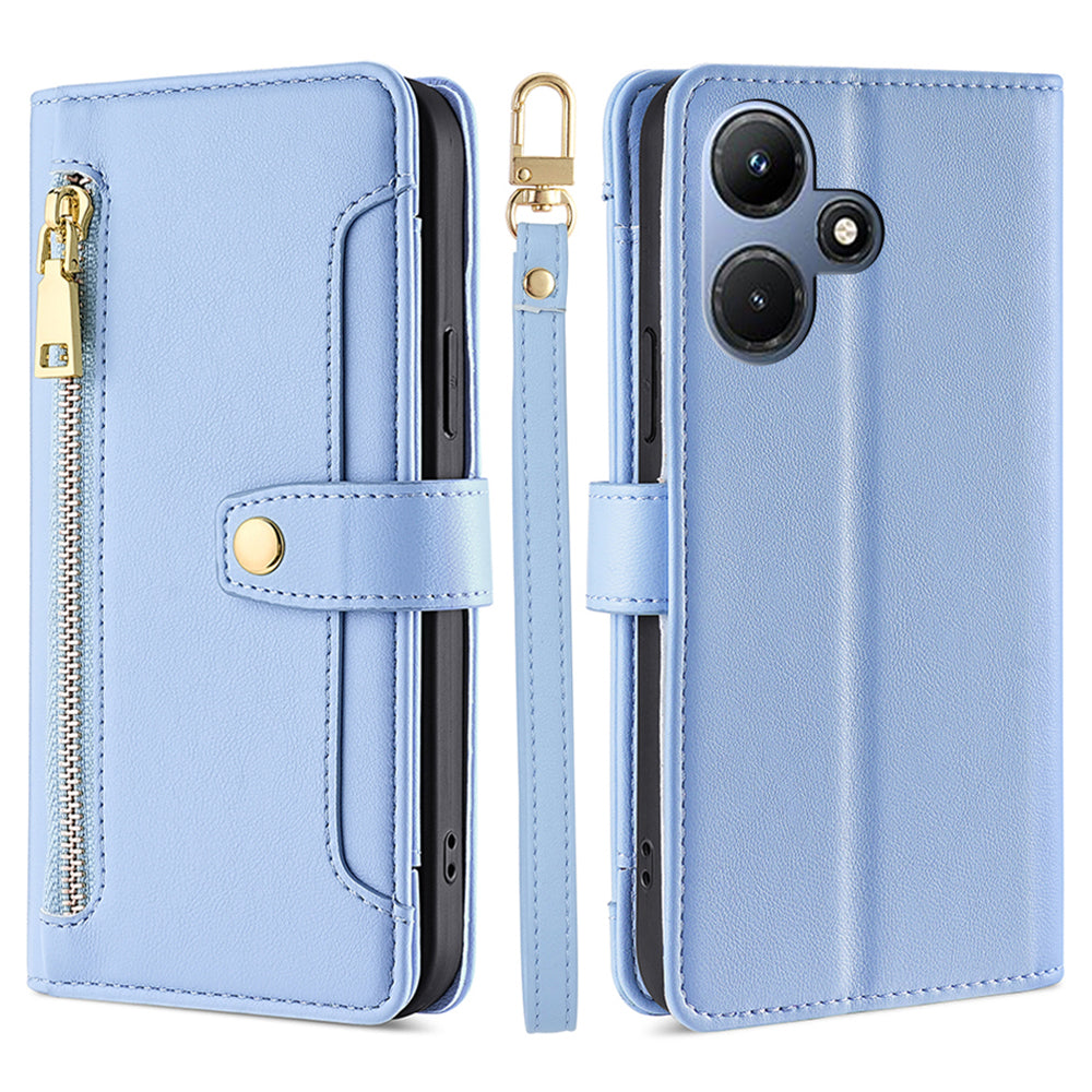 Uniqkart for Infinix Hot 30i Wallet Case Zipper Pocket Flip Stand PU Leather Phone Cover with Shoulder Strap and Wrist Strap - Blue
