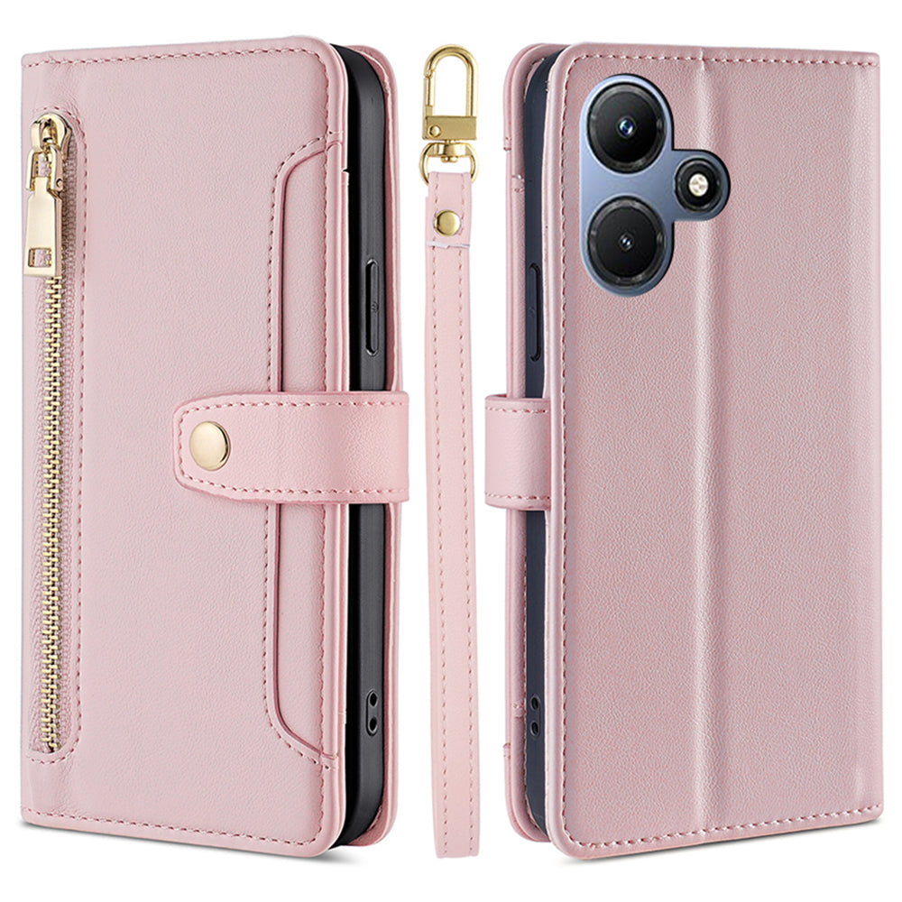 Uniqkart for Infinix Hot 30i Wallet Case Zipper Pocket Flip Stand PU Leather Phone Cover with Shoulder Strap and Wrist Strap - Pink