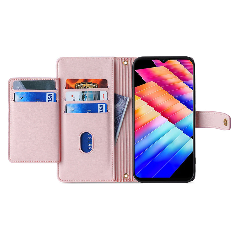 Uniqkart for Infinix Hot 30i Wallet Case Zipper Pocket Flip Stand PU Leather Phone Cover with Shoulder Strap and Wrist Strap - Pink