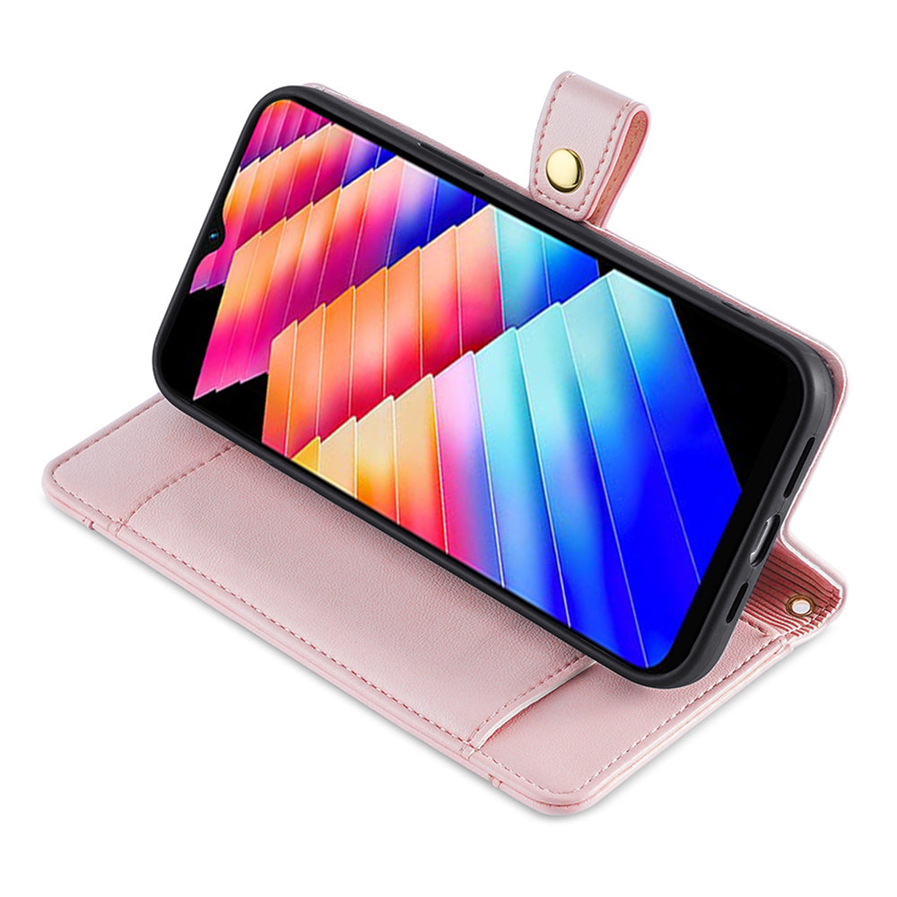 Uniqkart for Infinix Hot 30i Wallet Case Zipper Pocket Flip Stand PU Leather Phone Cover with Shoulder Strap and Wrist Strap - Pink