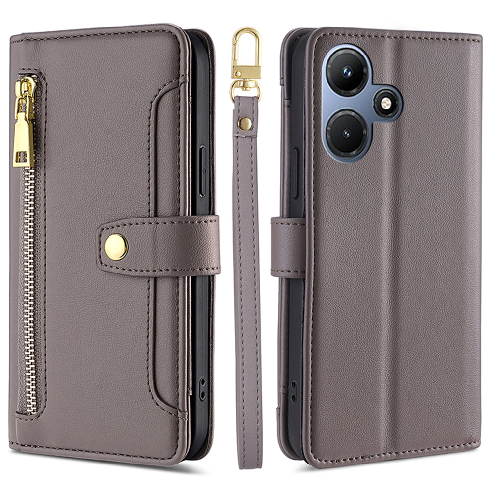 Uniqkart for Infinix Hot 30i Wallet Case Zipper Pocket Flip Stand PU Leather Phone Cover with Shoulder Strap and Wrist Strap - Grey