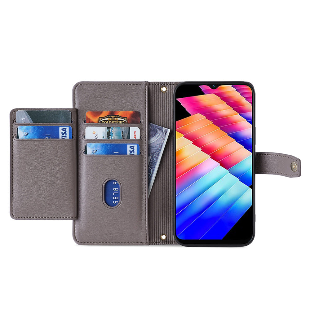 Uniqkart for Infinix Hot 30i Wallet Case Zipper Pocket Flip Stand PU Leather Phone Cover with Shoulder Strap and Wrist Strap - Grey
