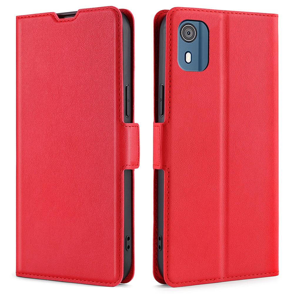 PU Leather Phone Case for Nokia C02 TA-1522 Card Holder Stand Protective Phone Cover - Red